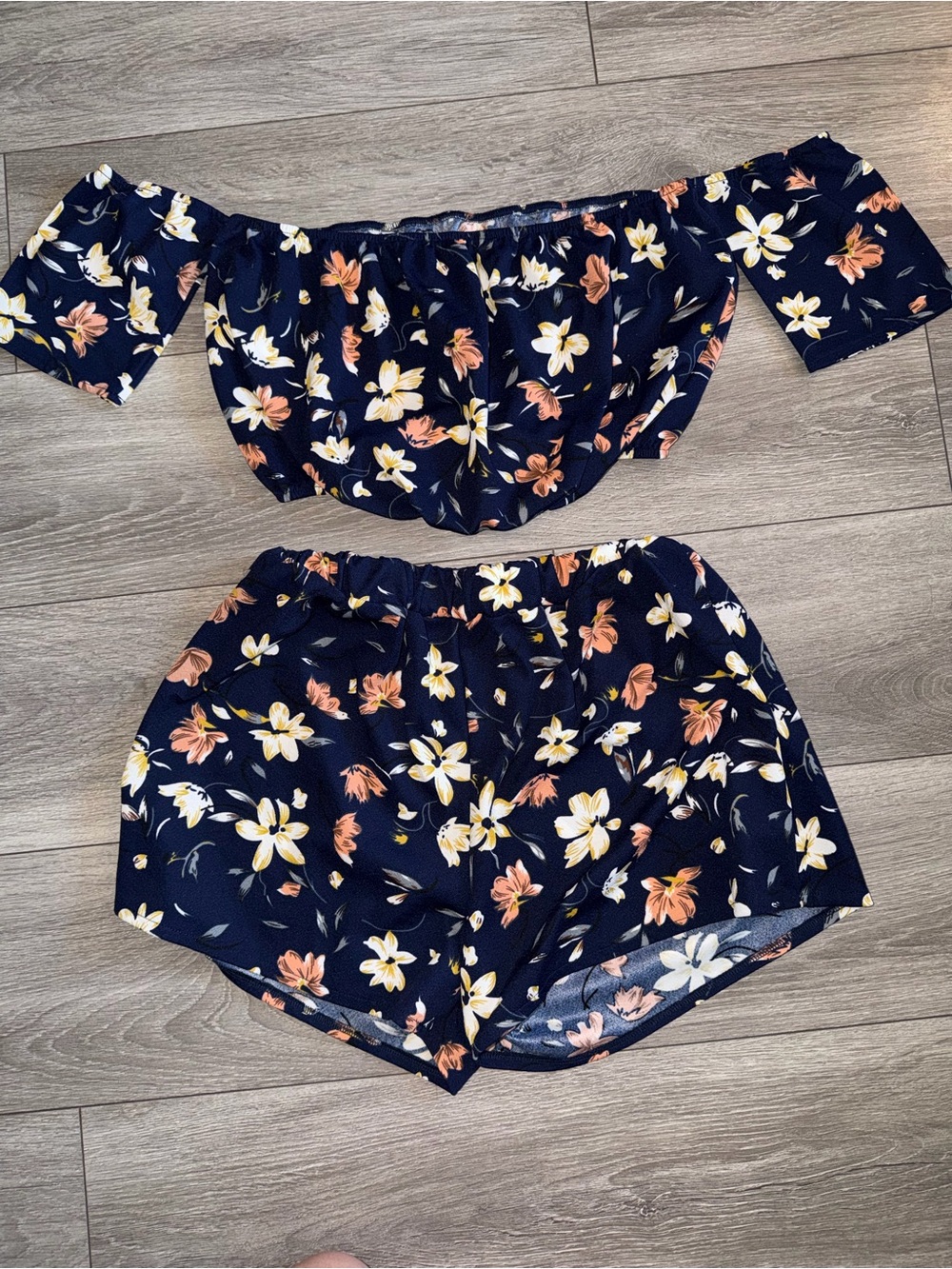 SHEIN Navy Floral Off-Shoulder Crop Top & Shorts Set